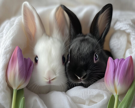 Cute Easter and spring wallpaper with two black-and-white baby bunnies snuggling together on top of soft fabric with purple tulips on each side of them.