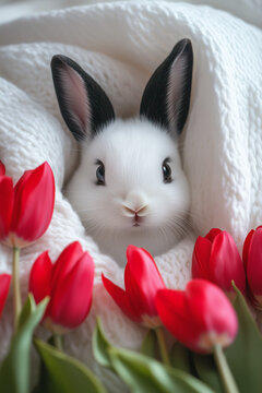 A cute white bunny with black ears, nestled in the middle of a white blanket, surrounded by red tulips. Close up. Cute animal cover. Minimal Easter and spring idea