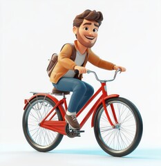 3D cartoon man riding a vintage red bicycle in a joyful dynamic scene with bright colors