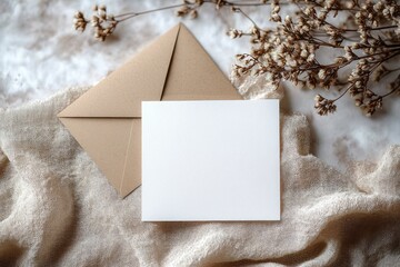 Minimalistic vintage stationery mockup blank card kraft envelope natural light dried flowers