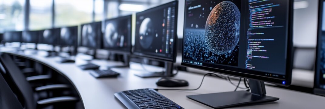 A row of computer screens showing code and graphics in a tech office environment.