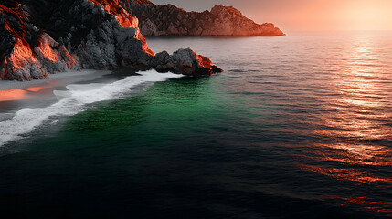 A scenic coastal landscape featuring dramatic cliffs and ocean waves