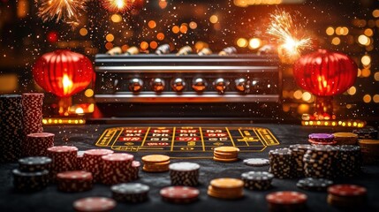 A festive casino setting with glowing lights and casino chips