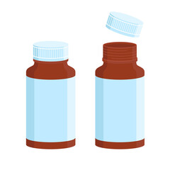 Jar of pills with closed and open lids. Flat Illustration on transparent background