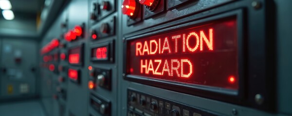 Obraz premium Industrial control panel with red warning lights and bright RADIATION HAZARD sign on monitor as symbol of alert and emergency at safety workplace. Nuclear precaution. Atomic danger in tech industry.
