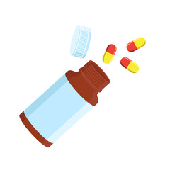 Jar of pills with opened lid and color capsules. Flat Illustration on transparent background