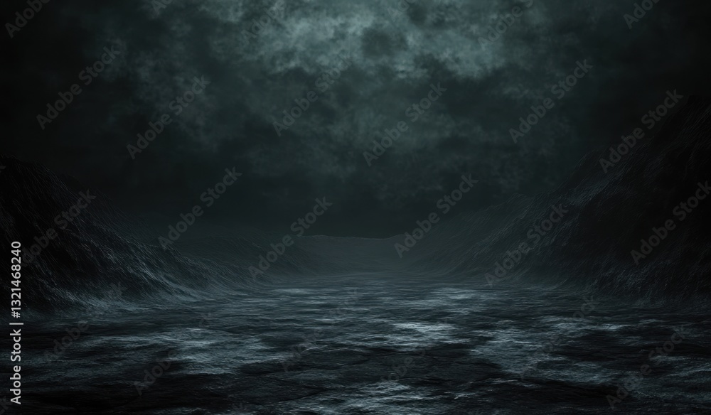 Poster dark atmospheric scene of empty stone podium display on black background with textured rock surface