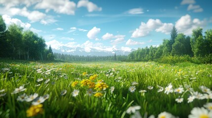 Sunny meadow, flowers, forest, mountains, idyllic landscape
