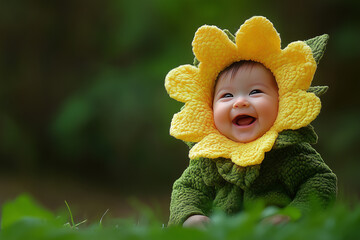 Sweet Little baby is dressed in a yellow flower outfit. The baby is smiling and looks happy. place for writing text