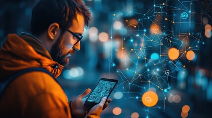 Man Using Smartphone with Digital Network Overlay