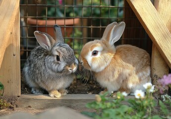 Obraz premium Interaction of Domestic Rabbits Through Wooden Hutch in Garden