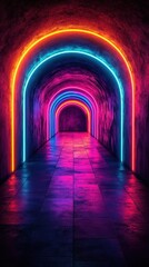 Obraz premium Neon lights illuminate a vibrant hallway with colorful arches in a modern art installation
