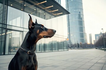Doberman dog observing modern architecture in urban environment outdoor photography early evening calm atmosphere