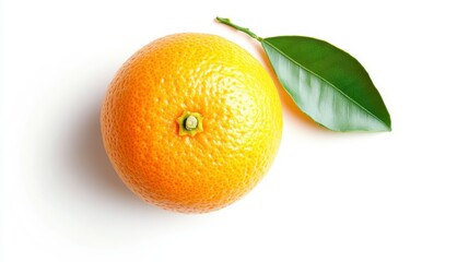 Ripe Orange Fruit with Green Leaf on White Background
