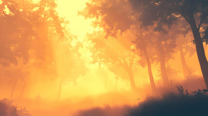 Ethereal golden forest scene with fog and sun rays, creating a dreamlike atmosphere view
