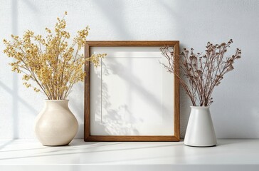 Wooden Picture Frame Mockup in Minimalist Interior with Dried Flowers and Natural Light