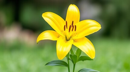 Fototapeta premium Single vibrant yellow lily flower in focus against a blurred green background. The image is well lit and highlights the flower's delicate details.