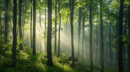 Obraz premium Beautiful green forest with tall trees and sunlight filtering through