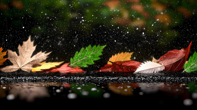 Fallen autumn leaves reflecting rain on a dark asphalt surface
