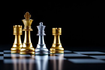 Golden and silver chess pieces on a dark background, showcasing strategy