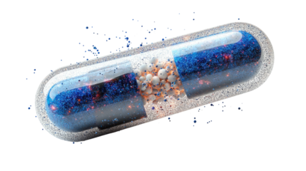 Medical Marvel: A close-up shot of a transparent capsule revealing its internal components in a visually captivating manner, showcasing the complex and essential nature of medicine.