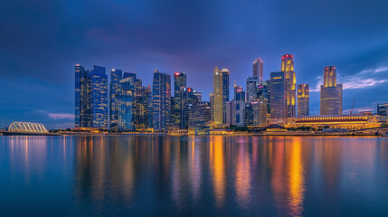 Obraz premium An evening view of Singapore's modern cityscape with water reflections.