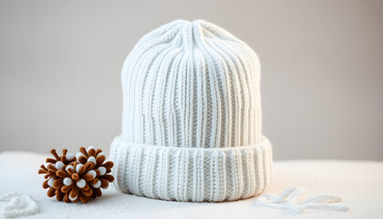 Beanie winter white hat mockup isolated on background, dinamic scene. White tone