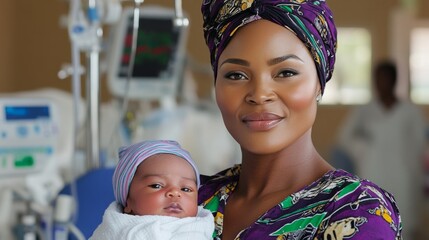 A joyful mother cradles her newborn in a hospital setting, symbolizing love and new beginnings.