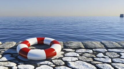 Naklejka premium Red and white lifebuoy on a stone pier.