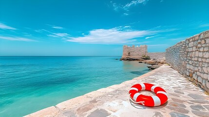 Fototapeta premium Red and white lifebuoy on a stone pier.