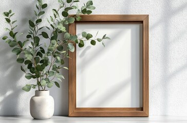 Wooden Picture Frame with Eucalyptus Branches in Scandinavian Modern Interior Design
