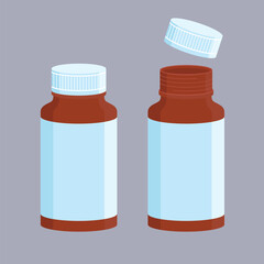 Jar of pills with closed and open lids. Flat vector illustration isolated on gray background