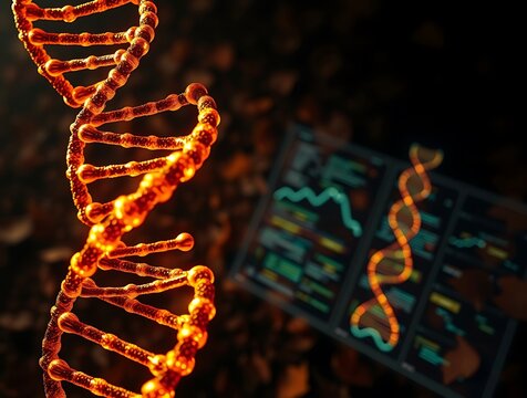 Glowing DNA Double Helix Strand with Genetic Data Display