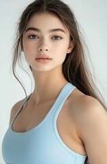 fitness model adorned in a refined baby blue athleisure outfit, highlighting her sculpted arm muscles