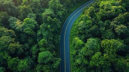 Aerial View of a Winding Road Through Dense Jungle with Vibrant Green Foliage and Mountain Construction