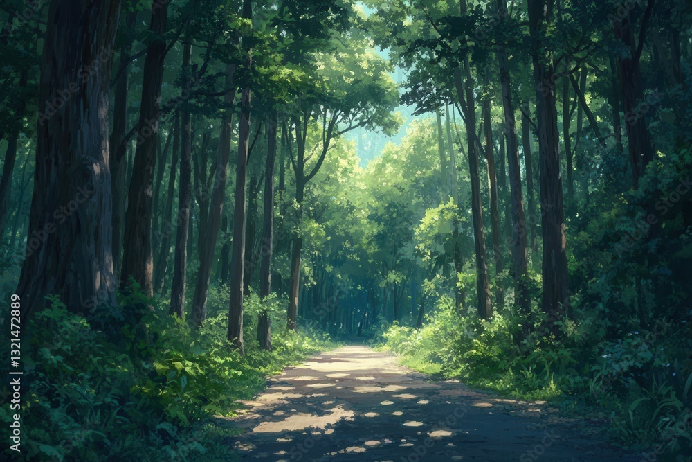 Poster Forest path leads into dense greenery under sunlight filtering through leaves