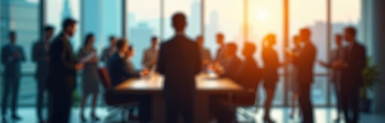Blurred background business meeting in conference room. Businesspeople teamwork, brainstorm, talk finance strategy in modern office. Corporate colleagues discuss project near panoramic window in