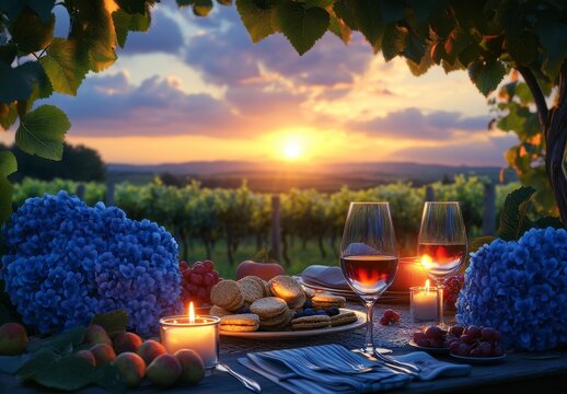 Romantic Vineyard Sunset Dinner Red Wine, Candles, and Blue Hydrangeas