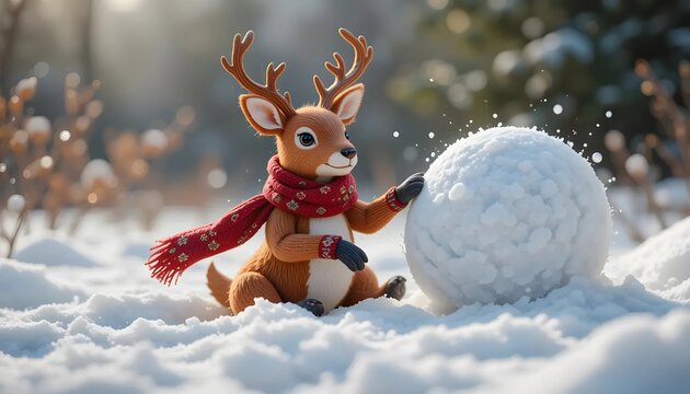 Adorable Brown Deer Figurine Playing with Snowball in Snowy Winter Scene
