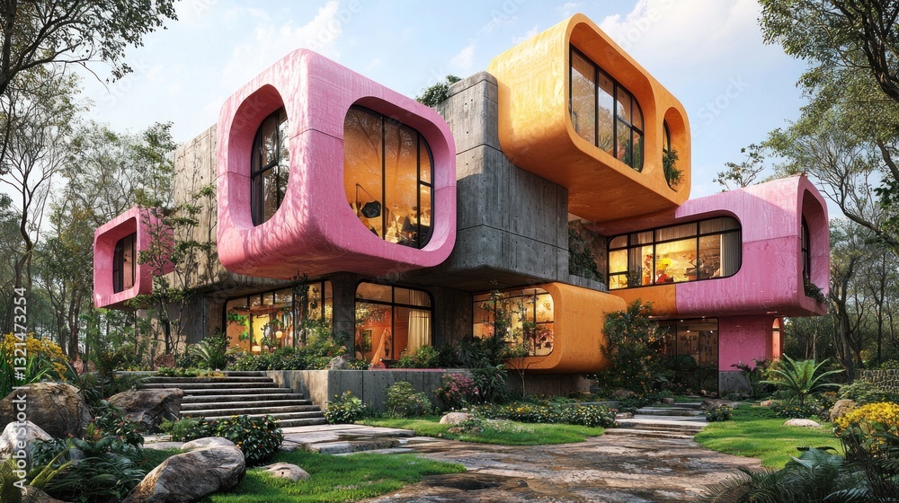 Poster a modern colorful building with unique architectural and garden features