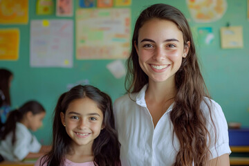 Obraz premium Happy teacher and student smiling together in classroom girl kids girl woman child young smile school
