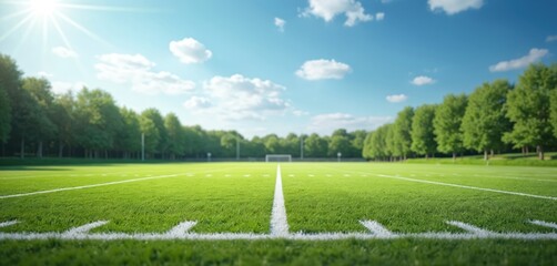 Obraz premium Daylight view of empty soccer field with green grass, white lines markings. Trees along the perimeter. Blue sky. Perfect place for sports like soccer, football, lacrosse, rugby, events, team games.