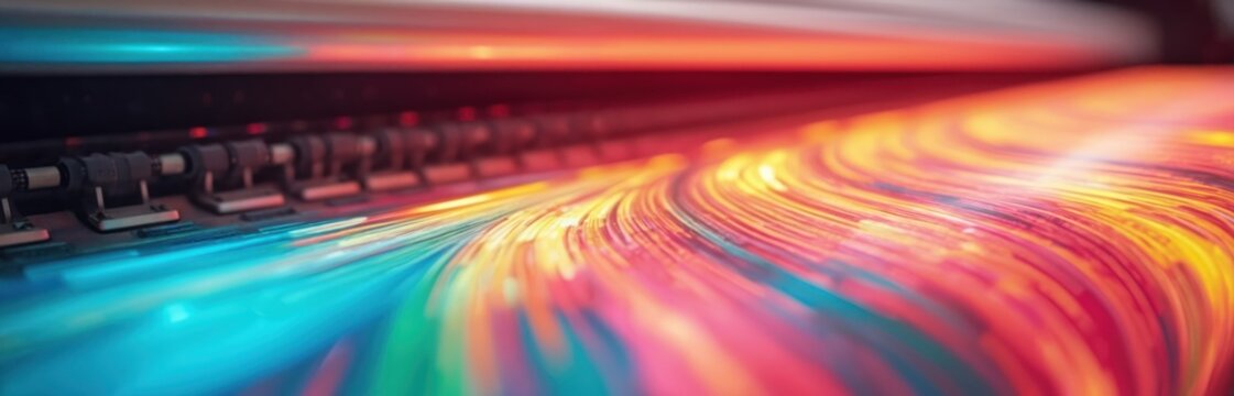 Close-up of large format printer in action featuring vibrant, multicolored design with abstract lines. High quality output. Professional equipment for print shop, graphic design studio. Photo