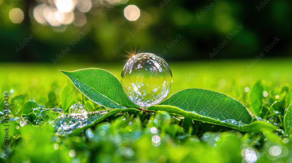 Poster macro shot of soap bubble resting on green leaf, showcasing intricate details and reflections. vibra