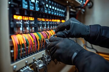 Electrician Working on Control Panel with Multicolored Wires and Clamp Meter in Industrial Setting