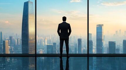 Fototapeta premium Wealthy Investor Overlooking Vibrant City Skyline from Skyscraper Office