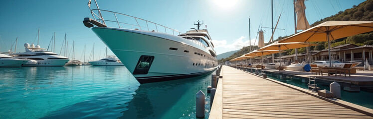 Fototapeta premium Luxury yacht docked at marina on clear turquoise water. Wooden pier with lounge zone and sun umbrellas. Holiday vacation travel concept. Cruise on motorboat in summertime at sea coast.