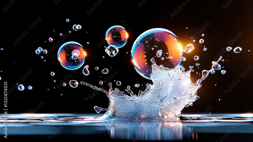 Poster bubbles burst in slow motion, creating mesmerizing splash of water droplets. vibrant colors reflect 