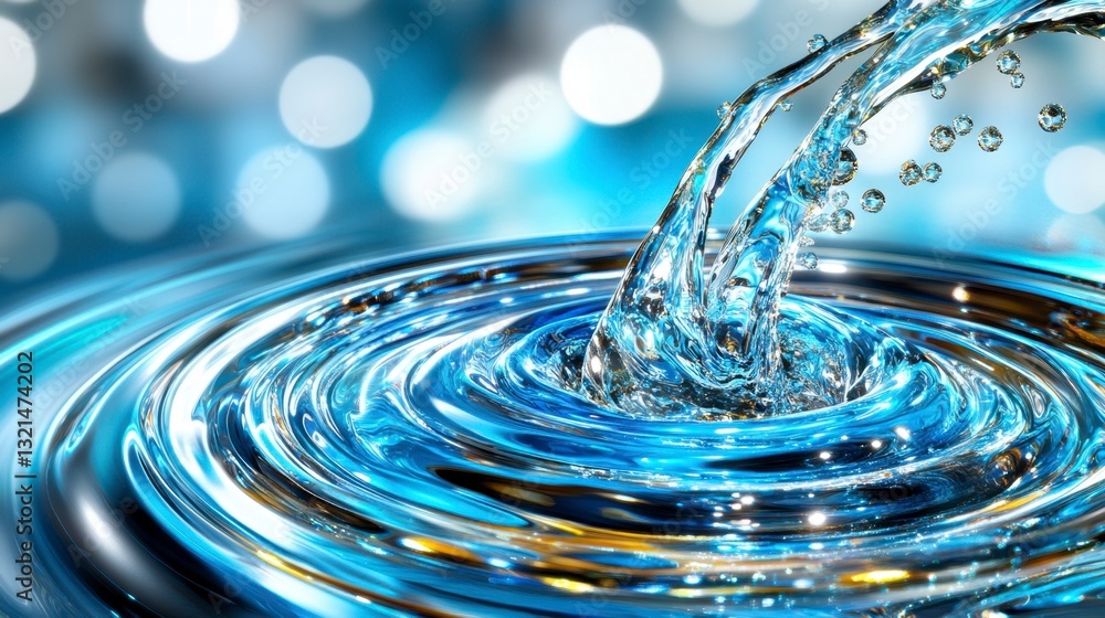 Poster close up view of water pouring into a still pool, creating concentric ripples and splashing droplets