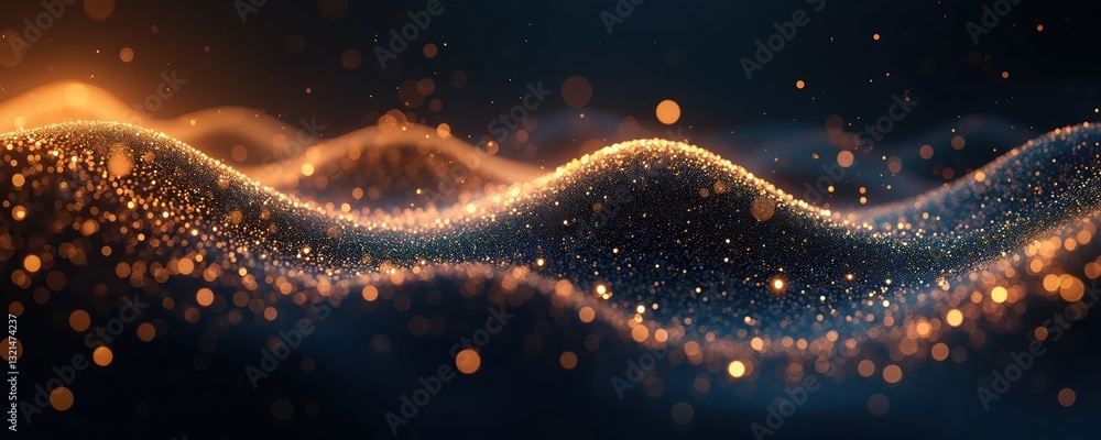 Poster Abstract futuristic background with glowing wave of dots. Golden, blue colors on black. Digital design with dynamic flow, energy motion. Tech wallpaper for presentation, banner or modern project.